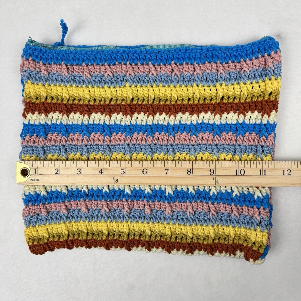 Vintage 70s Stripe Crochet‎ Clutch Purse Makeup Bag Handmade Multicolor Retro - Picture 7 of 8
